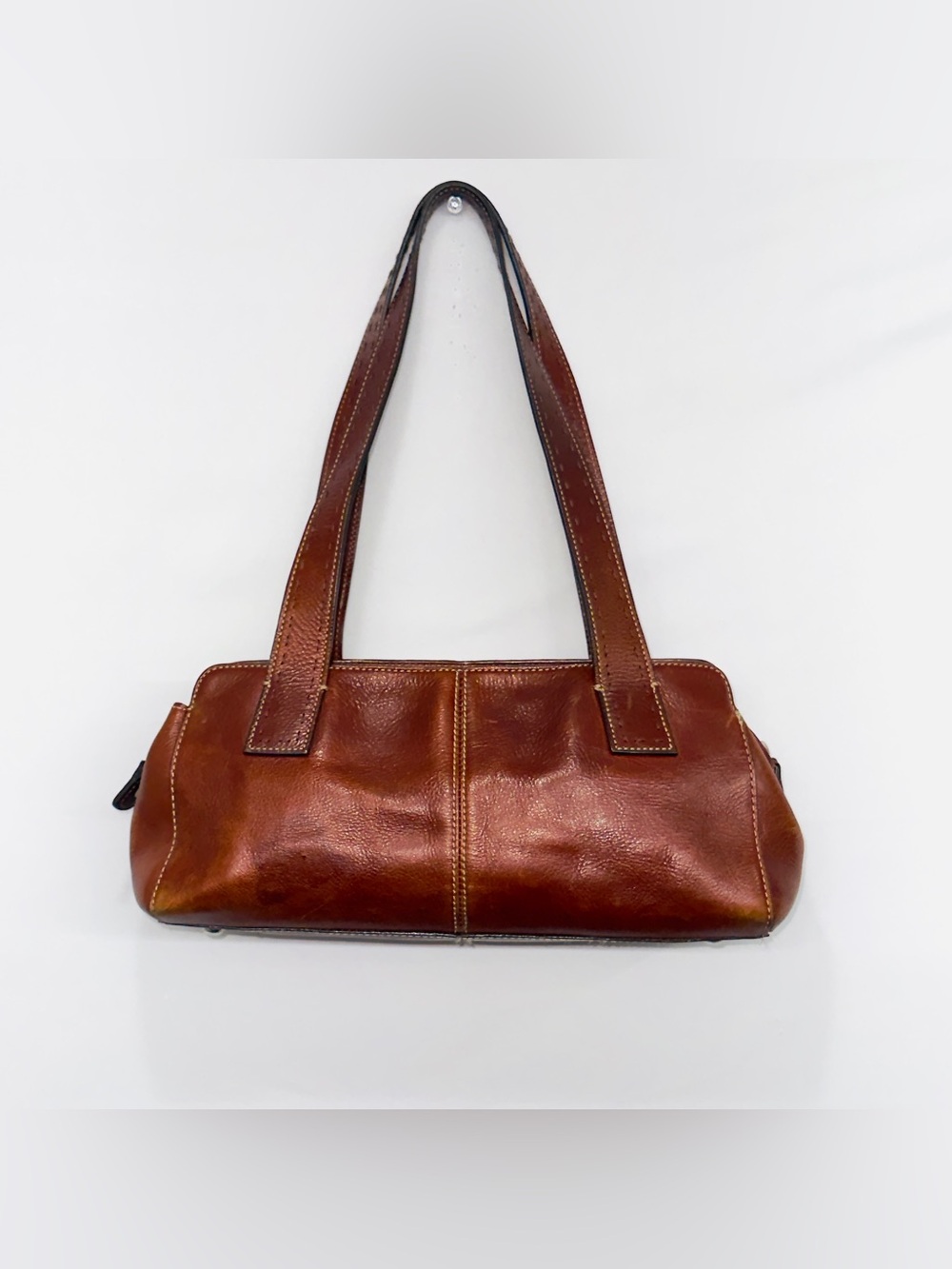 Fossil Satchel Barrel Y2K Purse VTG Two Tone Brown Leather Shoulder W/ Key